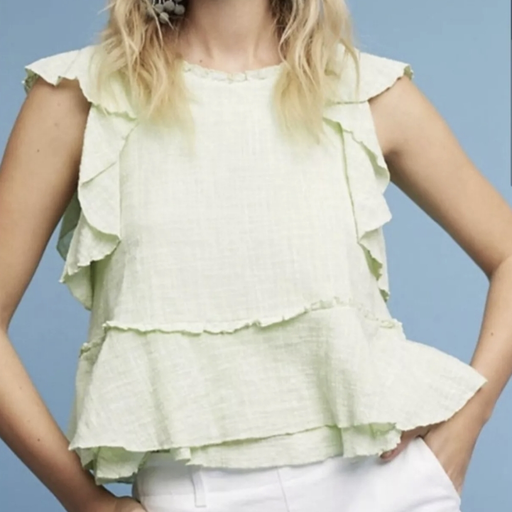 Maeve Anthropologie Pastel Green Sleeveless Blouse Ruffles Size Large